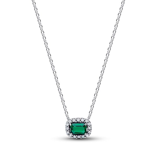 Rectangular Sparkling Green Halo Pendant Necklace