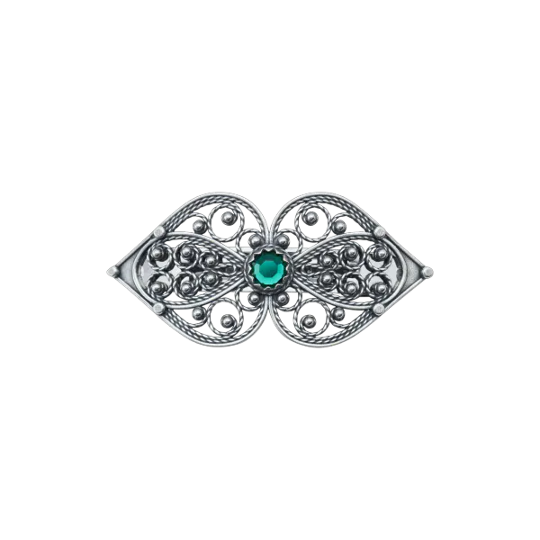 Hårspenne hjertefiligran med grønn stein, oksidert